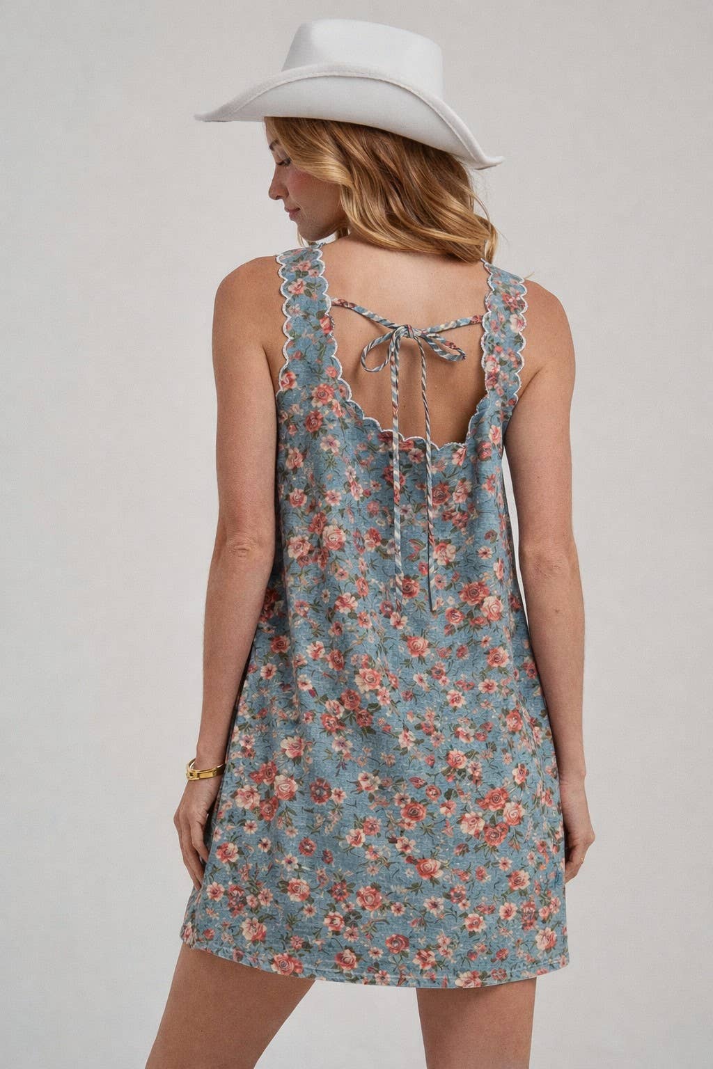 FLORAL DENIM MINI DRESS WITH SCALLOPED EMBROIDERY DETAIL