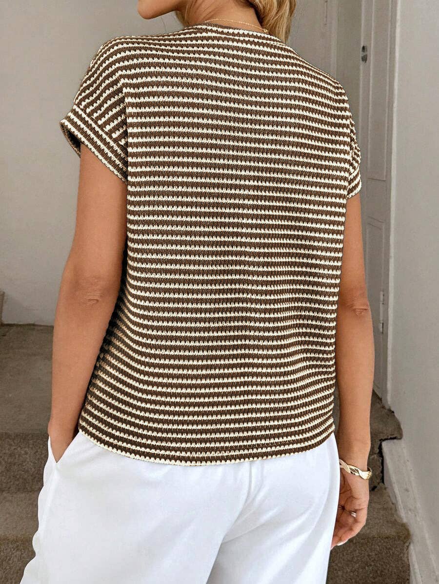 Apricot Stripe Knit Crew Neck Short Sleeve Top