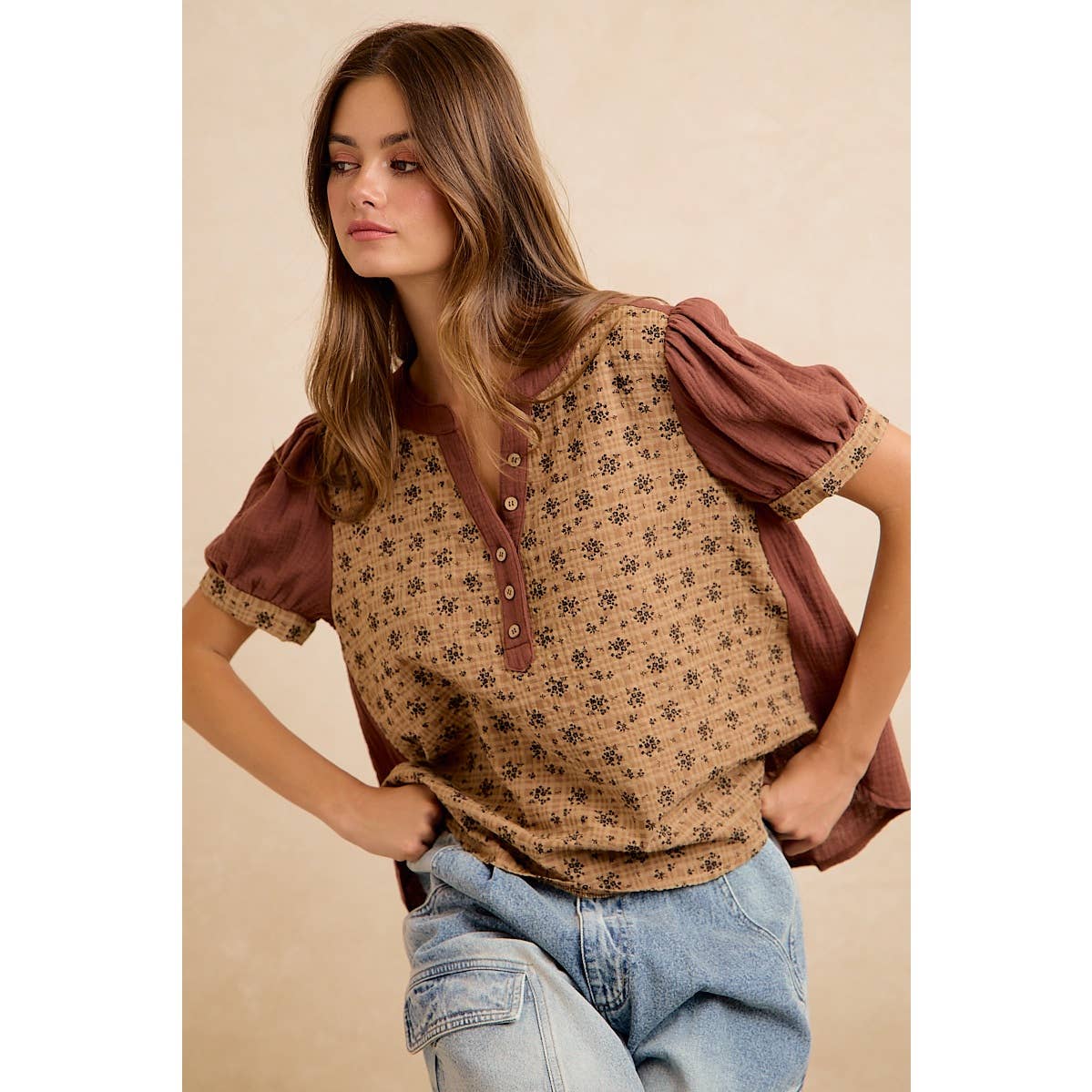 VINTAGE TEXTURE FLORAL PRINTED CONT GAUZE BLOUSE TOP