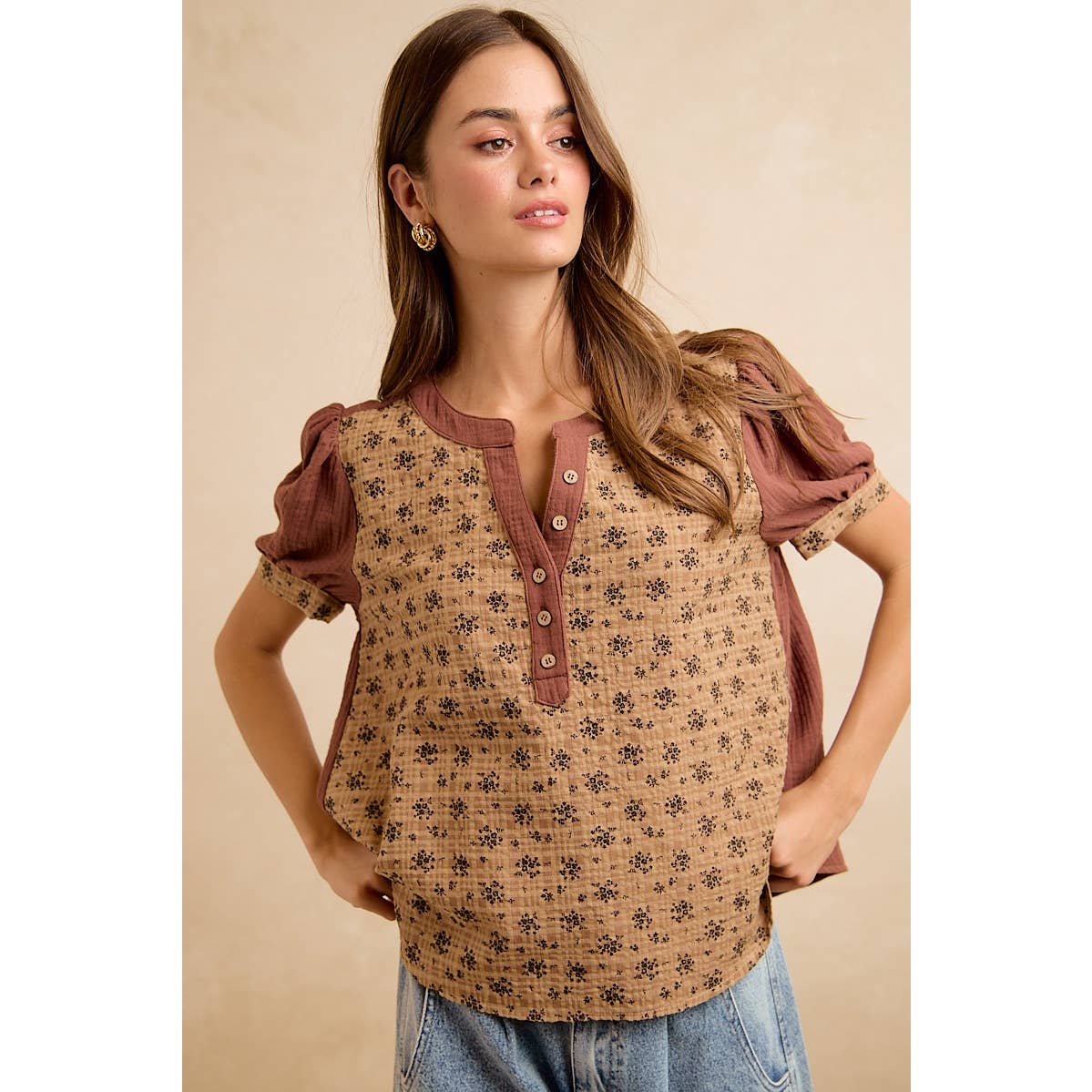 VINTAGE TEXTURE FLORAL PRINTED CONT GAUZE BLOUSE TOP