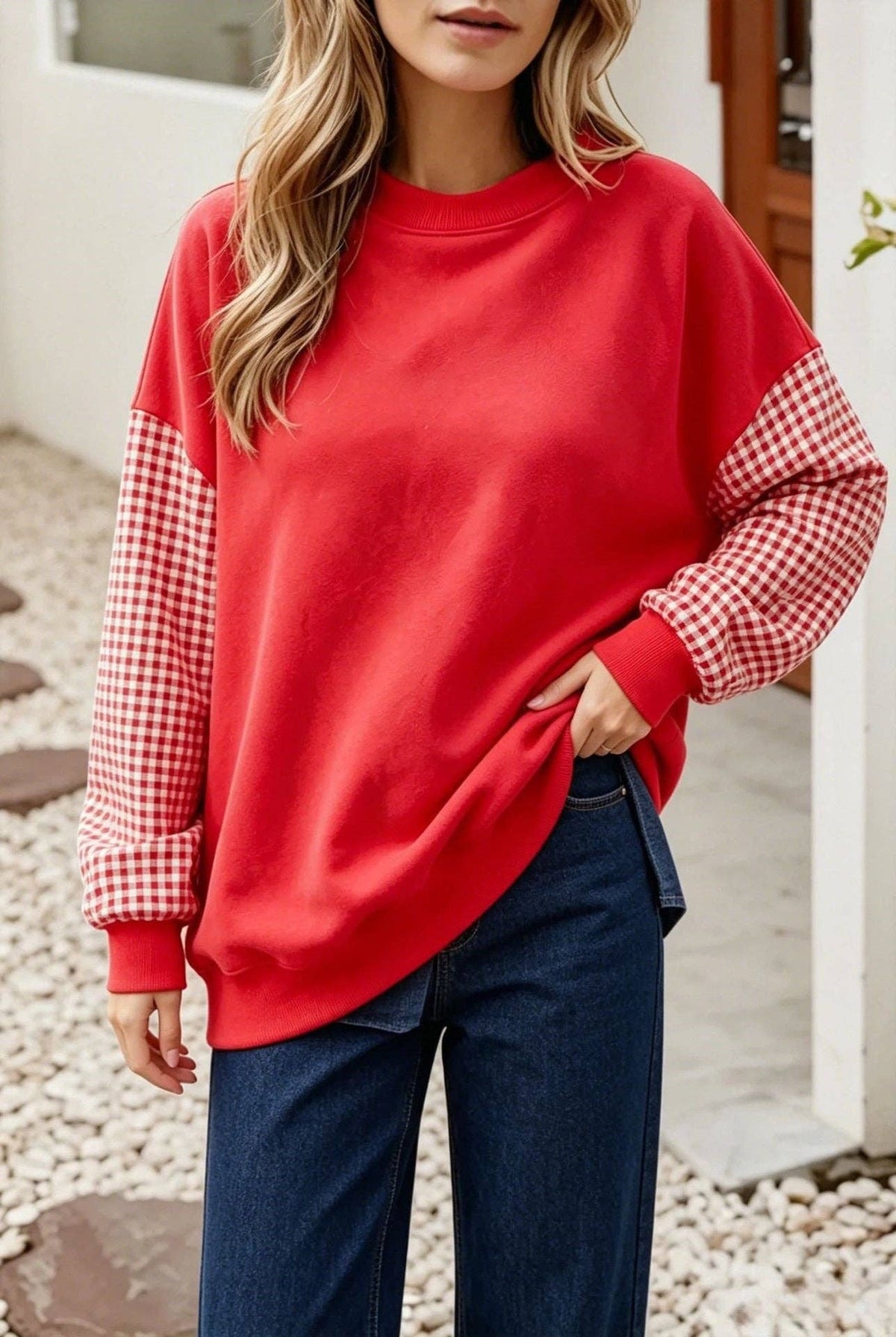 Gingham Sleeve Sweatshirt Oversized Crewneck Pullover