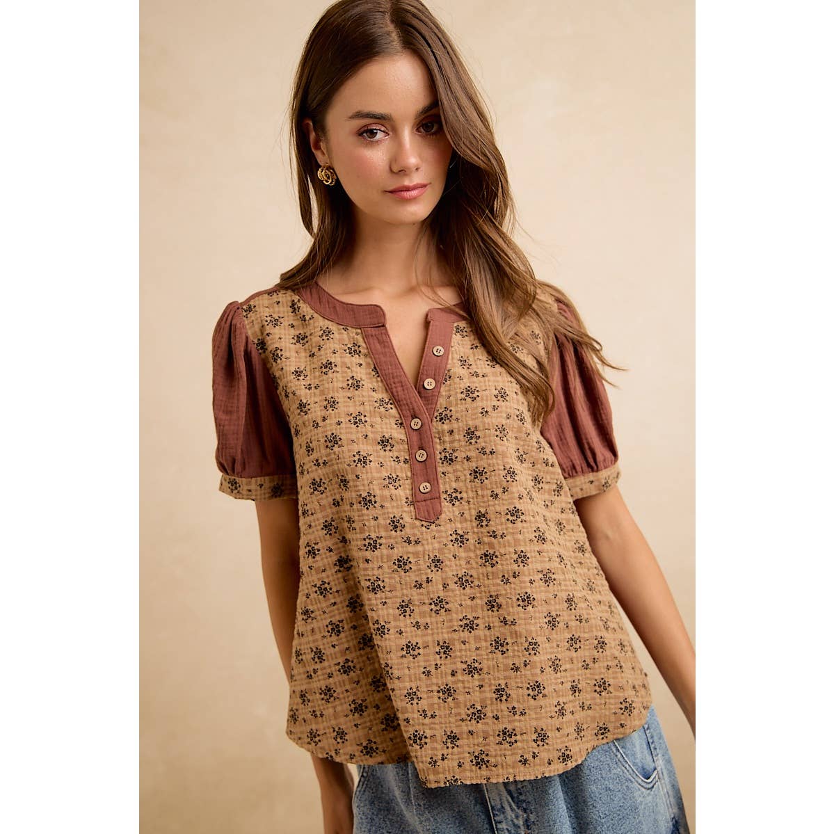 VINTAGE TEXTURE FLORAL PRINTED CONT GAUZE BLOUSE TOP