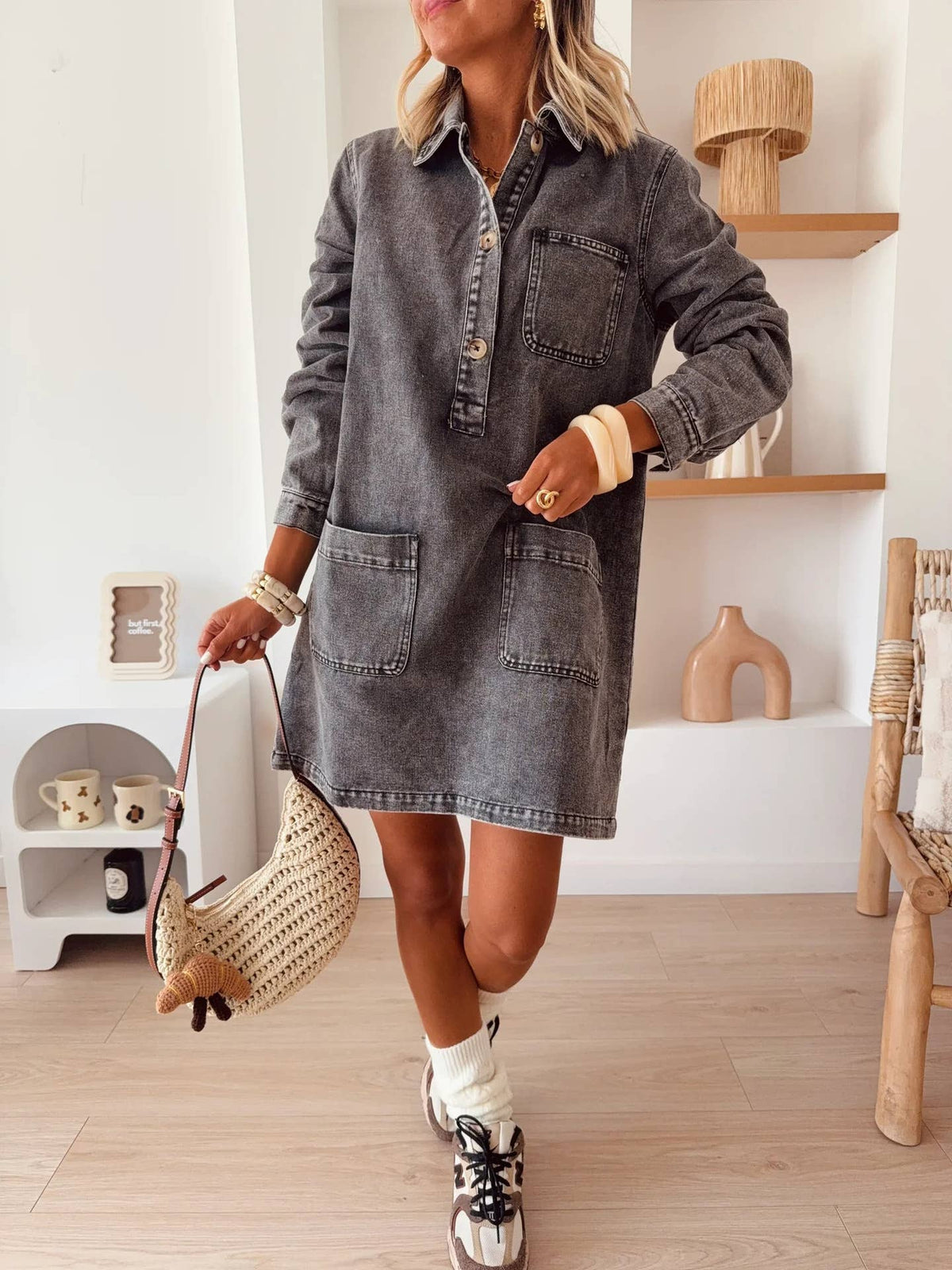 Vintage Turn-Down Collar Loose Denim Dress