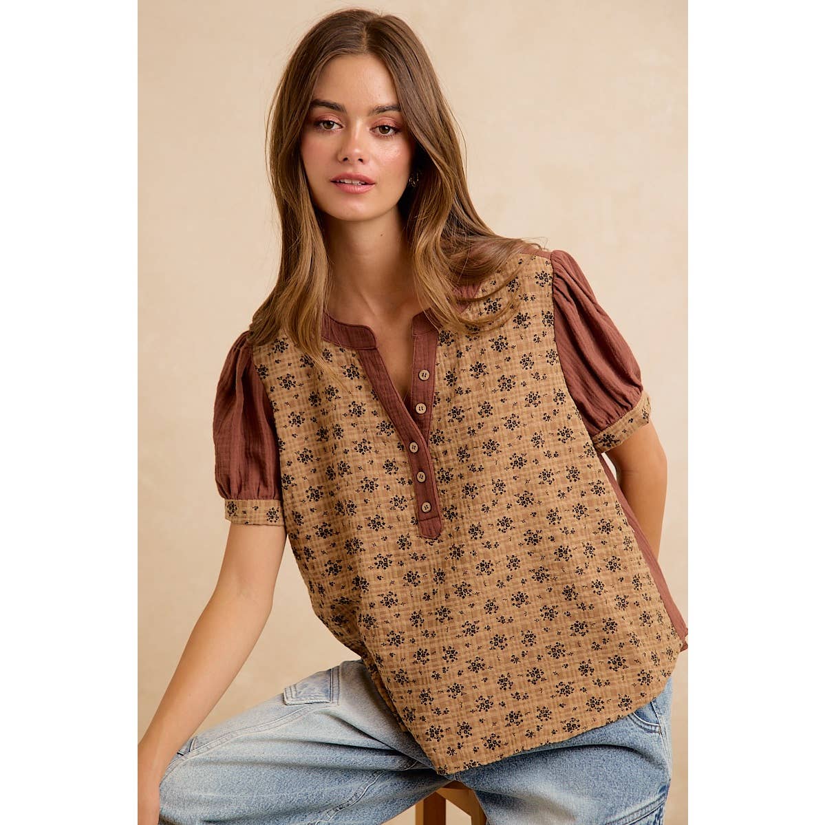 VINTAGE TEXTURE FLORAL PRINTED CONT GAUZE BLOUSE TOP