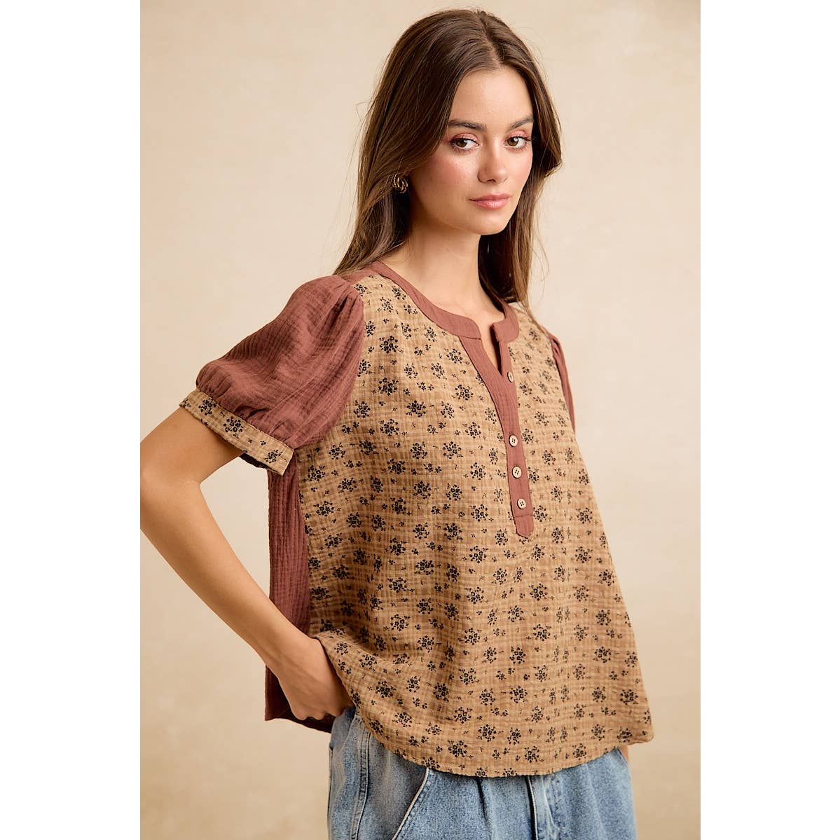 VINTAGE TEXTURE FLORAL PRINTED CONT GAUZE BLOUSE TOP