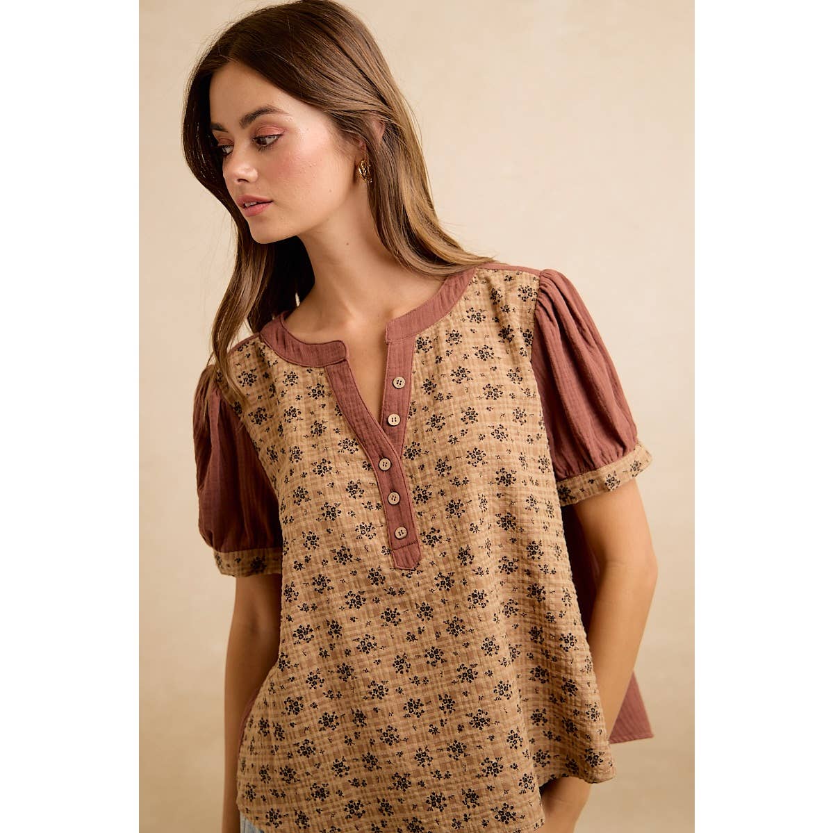 VINTAGE TEXTURE FLORAL PRINTED CONT GAUZE BLOUSE TOP