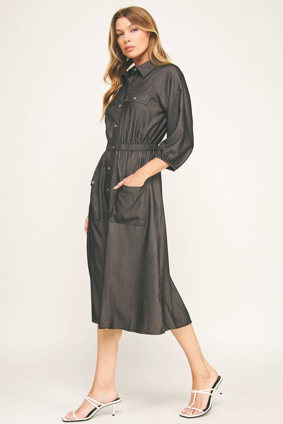 CHLOE CHAMBRAY BUTTON-DOWN MIDI DRESS