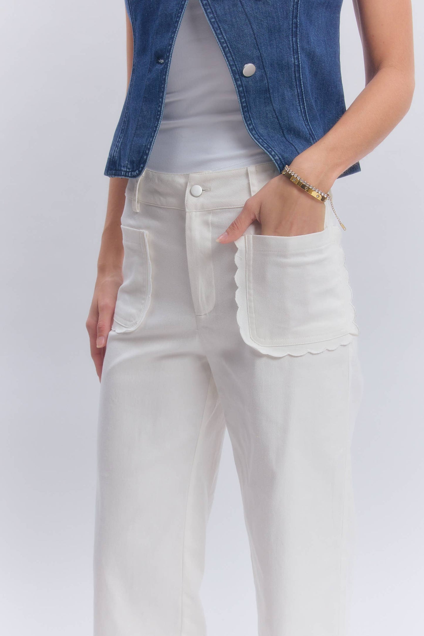 STRETCH MID RISE WIDE LEG PANTS