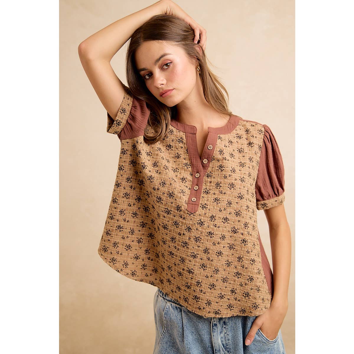 VINTAGE TEXTURE FLORAL PRINTED CONT GAUZE BLOUSE TOP