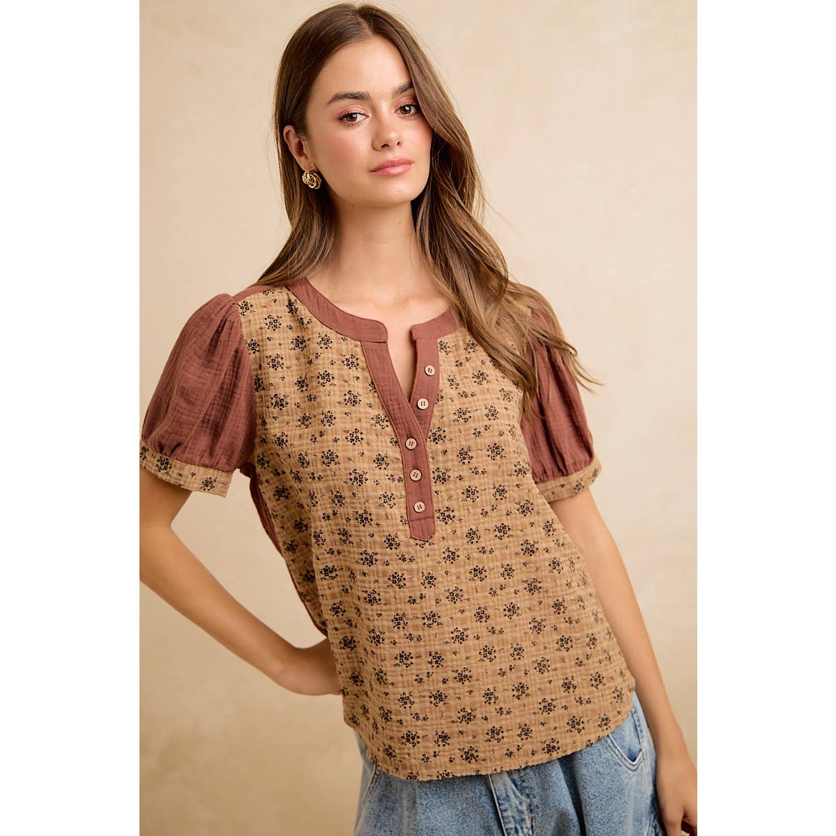 VINTAGE TEXTURE FLORAL PRINTED CONT GAUZE BLOUSE TOP
