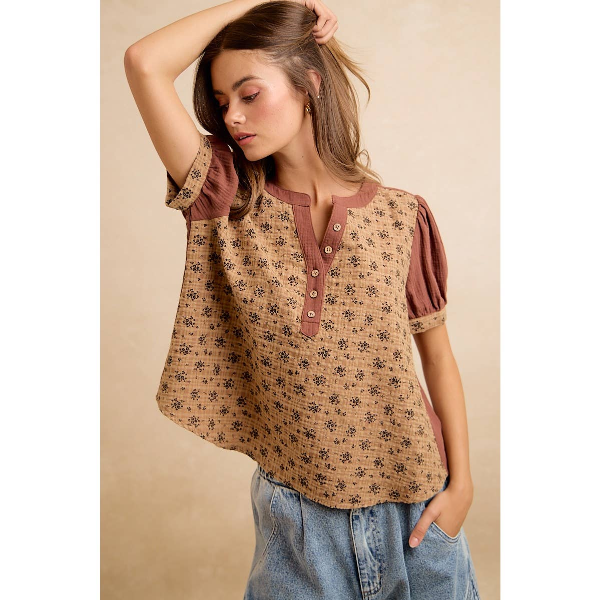 VINTAGE TEXTURE FLORAL PRINTED CONT GAUZE BLOUSE TOP