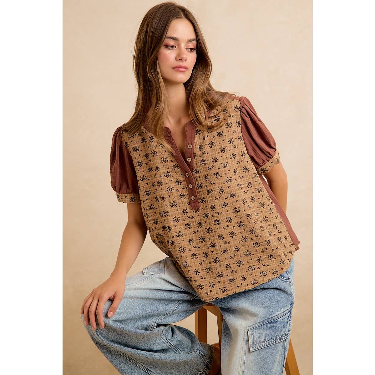 VINTAGE TEXTURE FLORAL PRINTED CONT GAUZE BLOUSE TOP