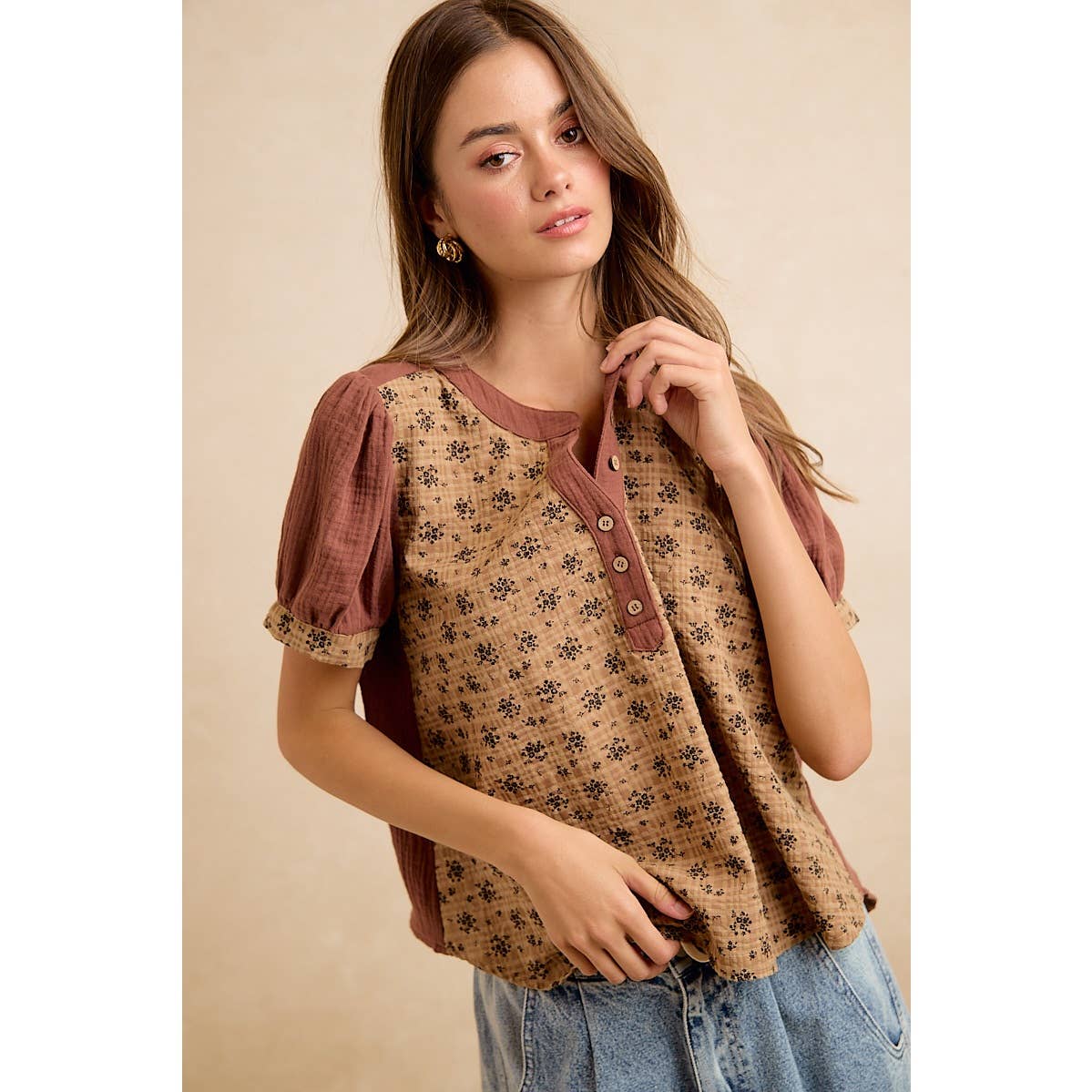 VINTAGE TEXTURE FLORAL PRINTED CONT GAUZE BLOUSE TOP
