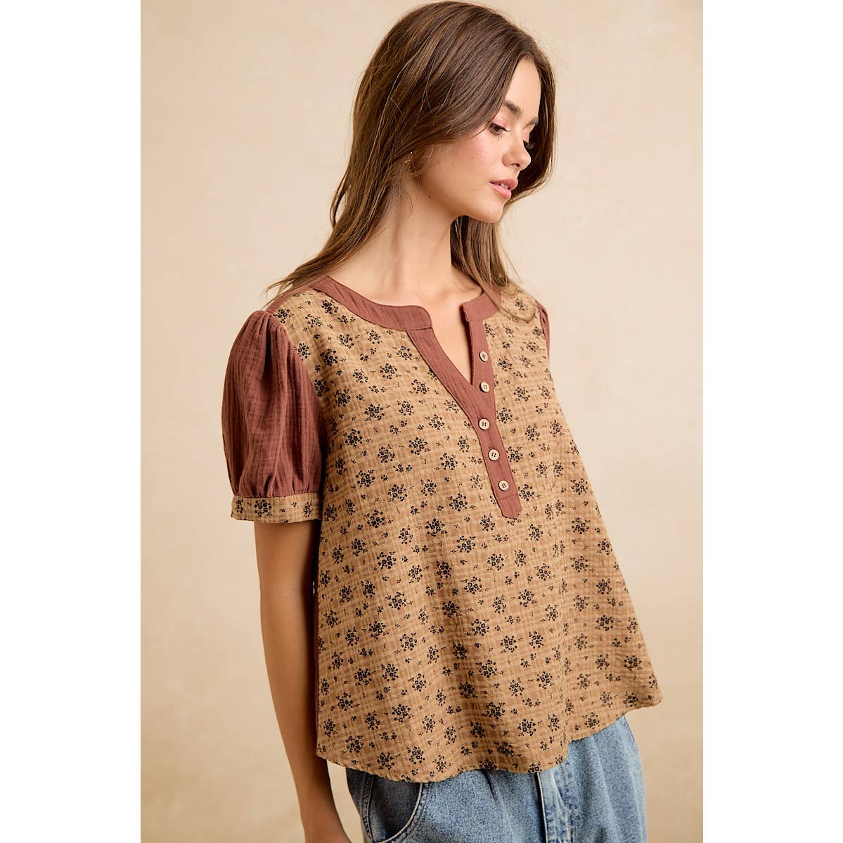 VINTAGE TEXTURE FLORAL PRINTED CONT GAUZE BLOUSE TOP