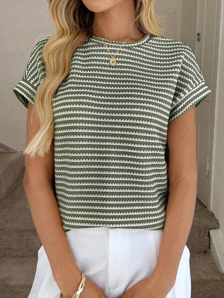 Apricot Stripe Knit Crew Neck Short Sleeve Top