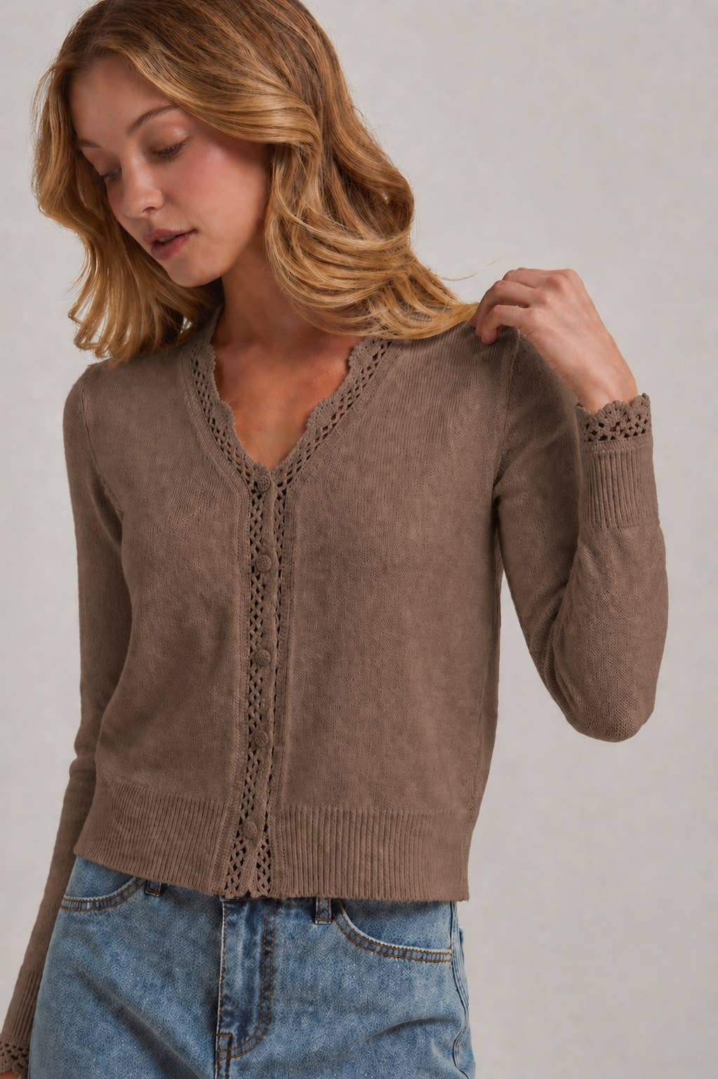 LACE TRIMMED BUTTON FRONT CARDIGAN