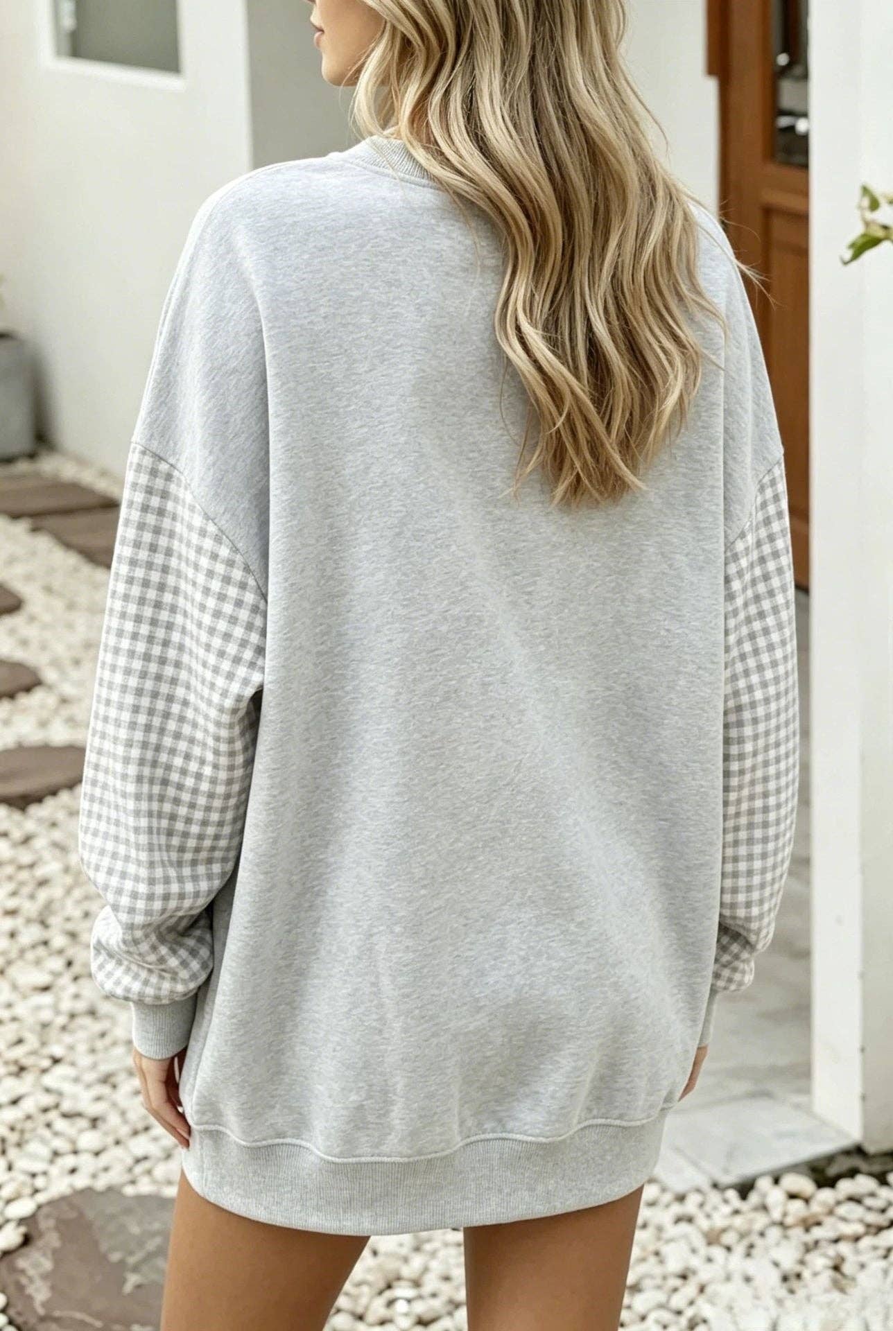 Gingham Sleeve Sweatshirt Oversized Crewneck Pullover