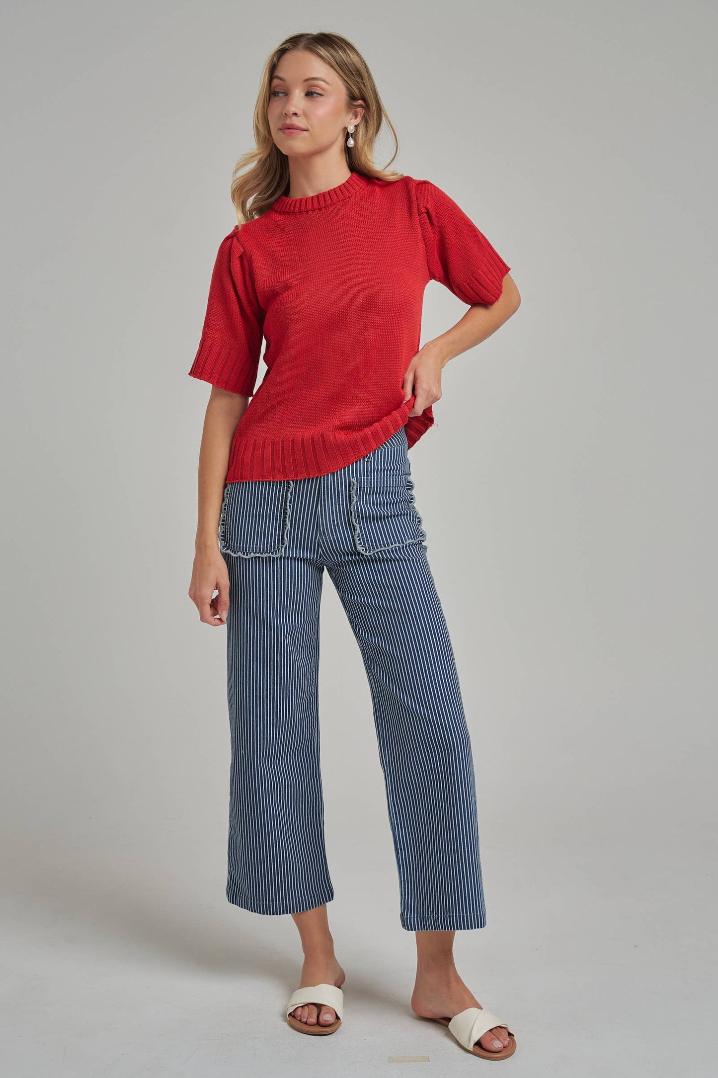 MID RISE WIDE LEG STRIPE DENIM JEANS WITH SCALLOPED POCKETS