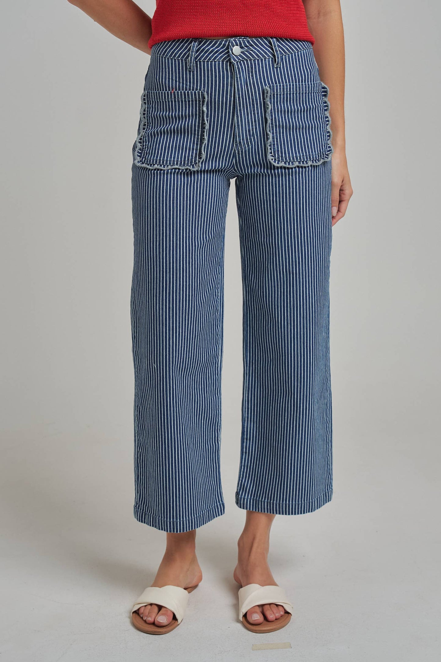 MID RISE WIDE LEG STRIPE DENIM JEANS WITH SCALLOPED POCKETS
