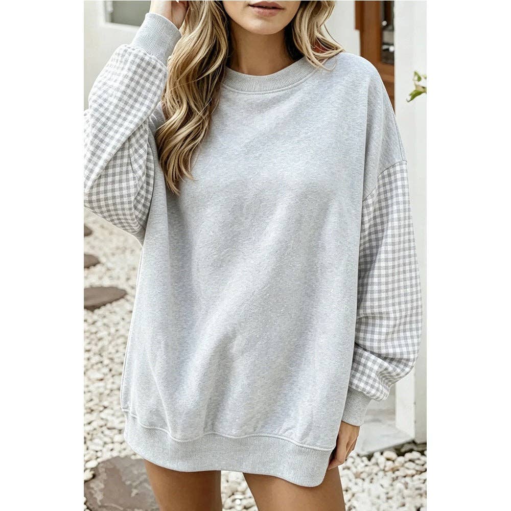 Gingham Sleeve Sweatshirt Oversized Crewneck Pullover