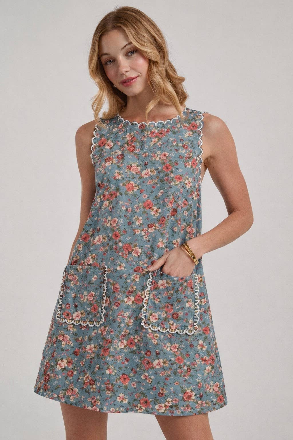 FLORAL DENIM MINI DRESS WITH SCALLOPED EMBROIDERY DETAIL