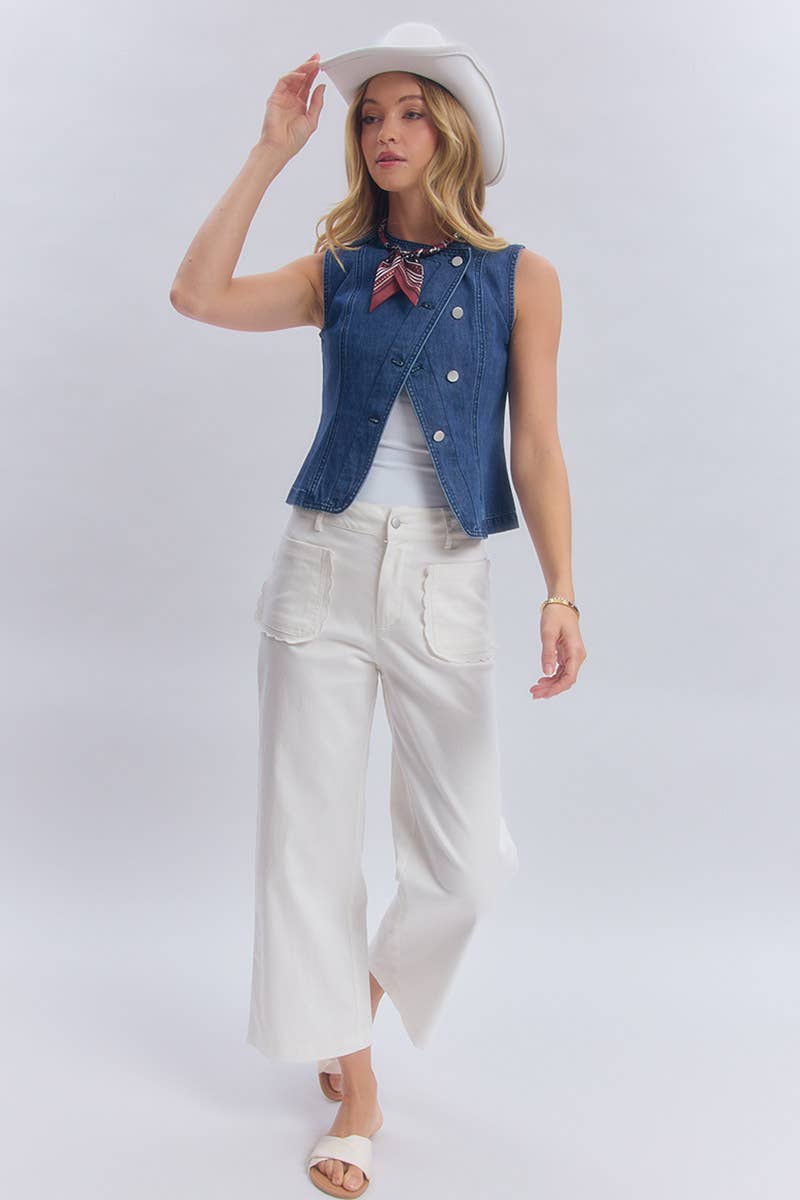 STRETCH MID RISE WIDE LEG PANTS