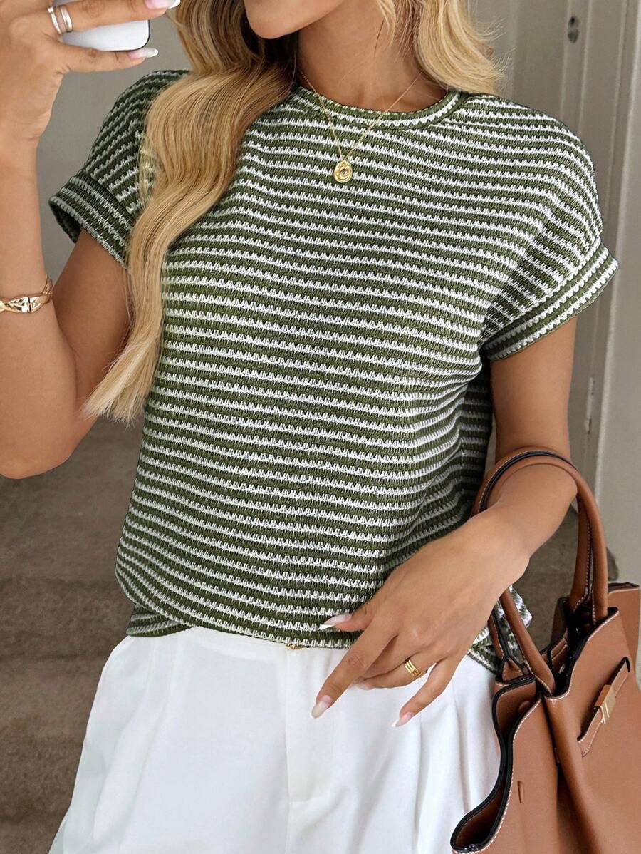 Apricot Stripe Knit Crew Neck Short Sleeve Top