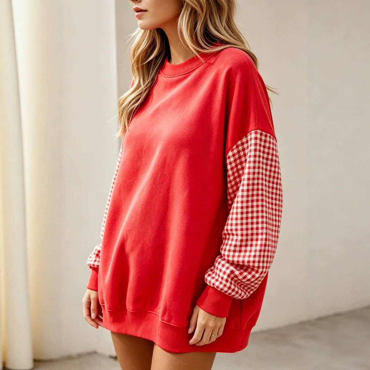Gingham Sleeve Sweatshirt Oversized Crewneck Pullover