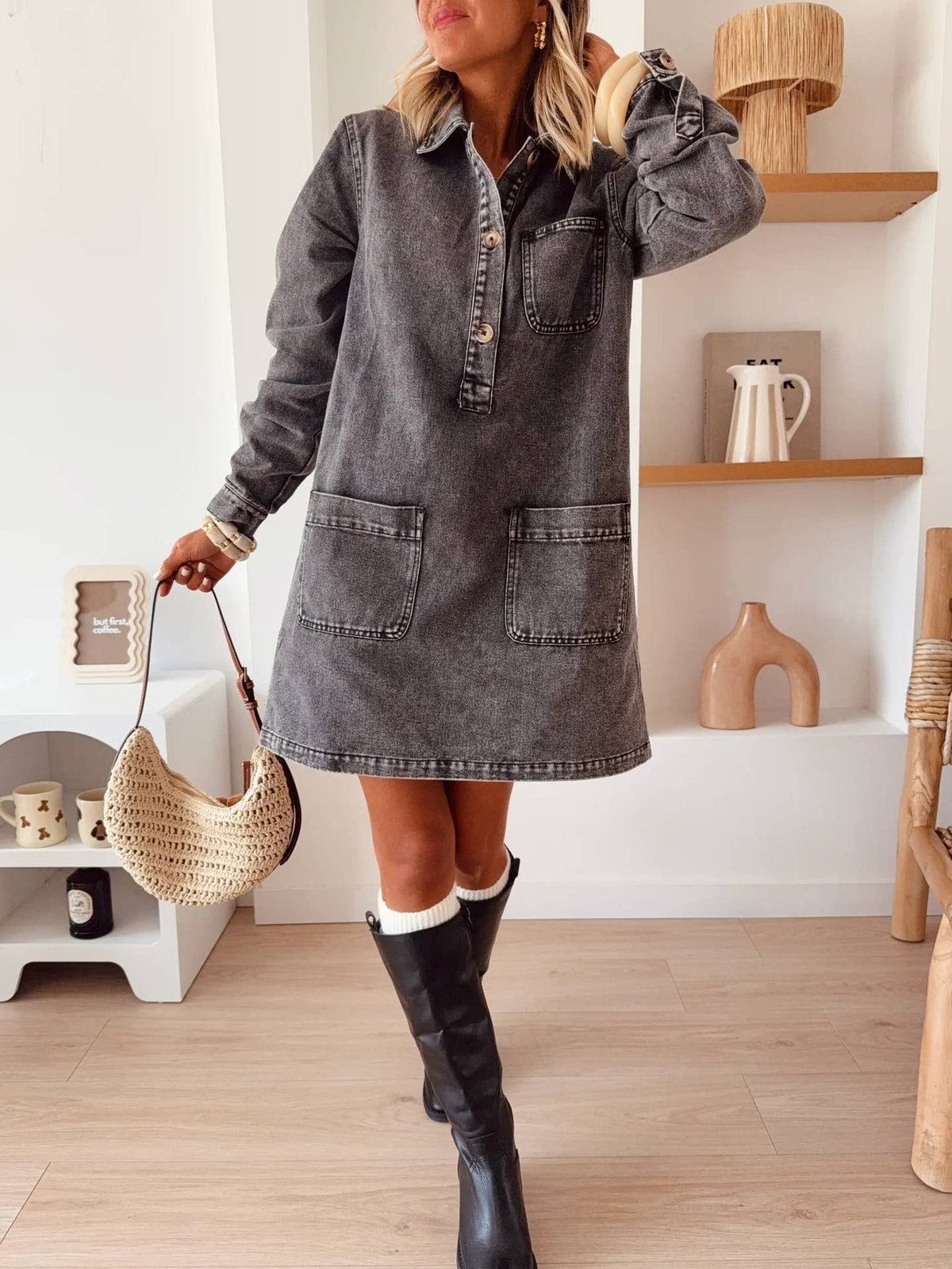 Vintage Turn-Down Collar Loose Denim Dress