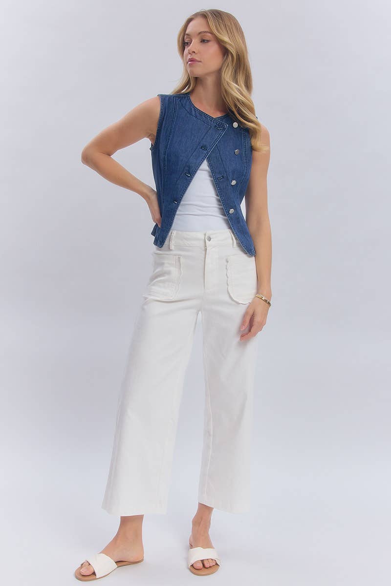 STRETCH MID RISE WIDE LEG PANTS