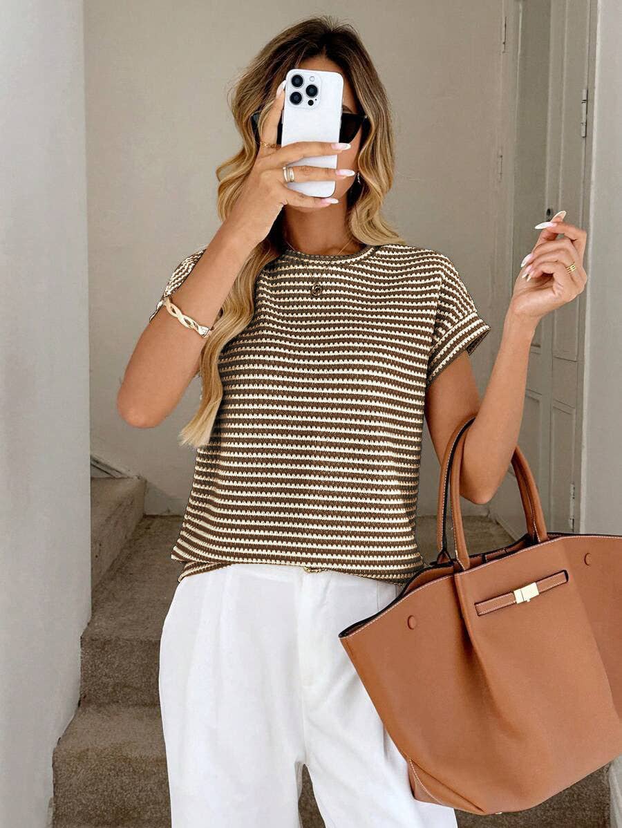 Apricot Stripe Knit Crew Neck Short Sleeve Top
