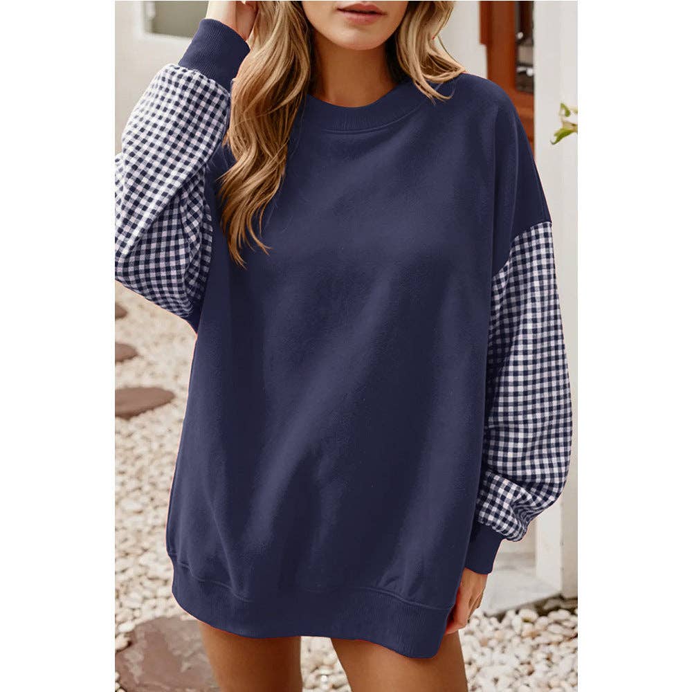 Gingham Sleeve Sweatshirt Oversized Crewneck Pullover