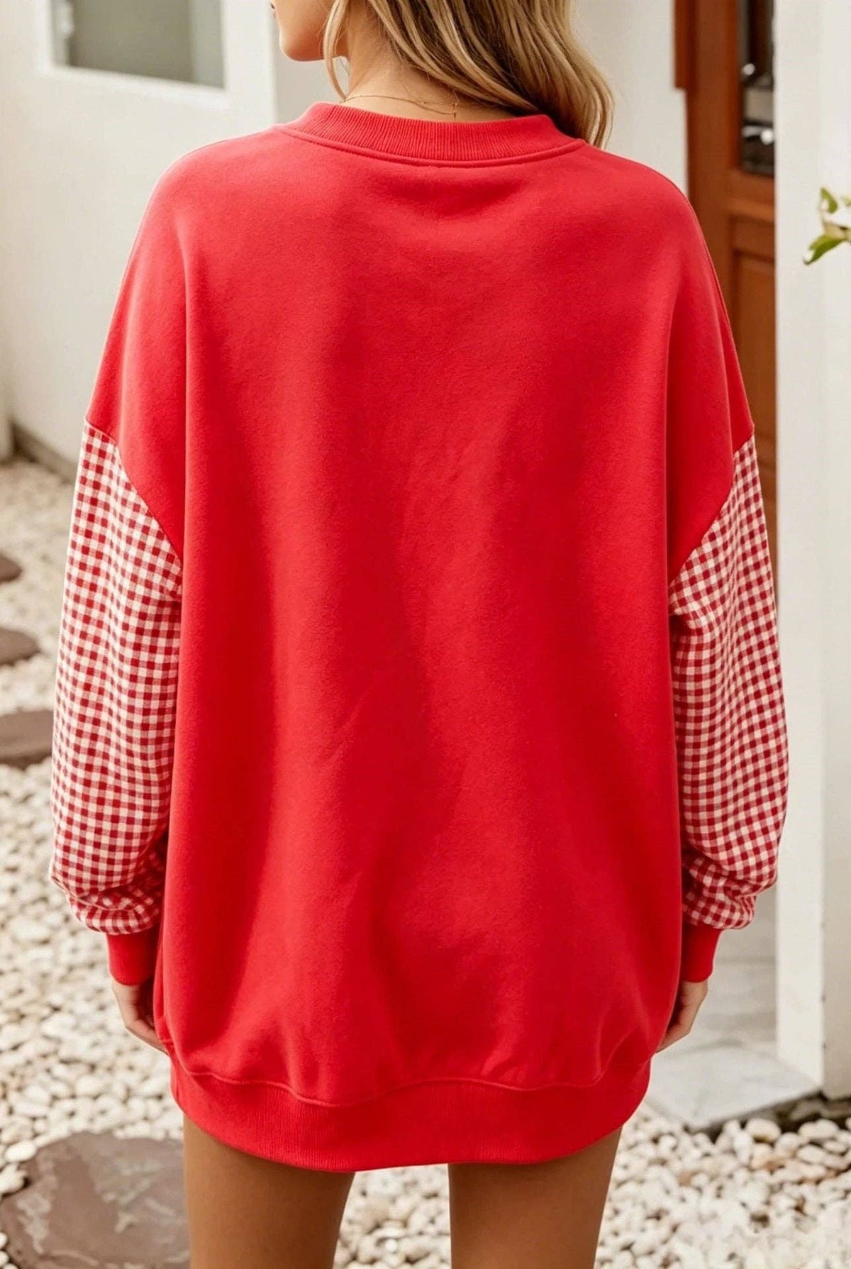 Gingham Sleeve Sweatshirt Oversized Crewneck Pullover