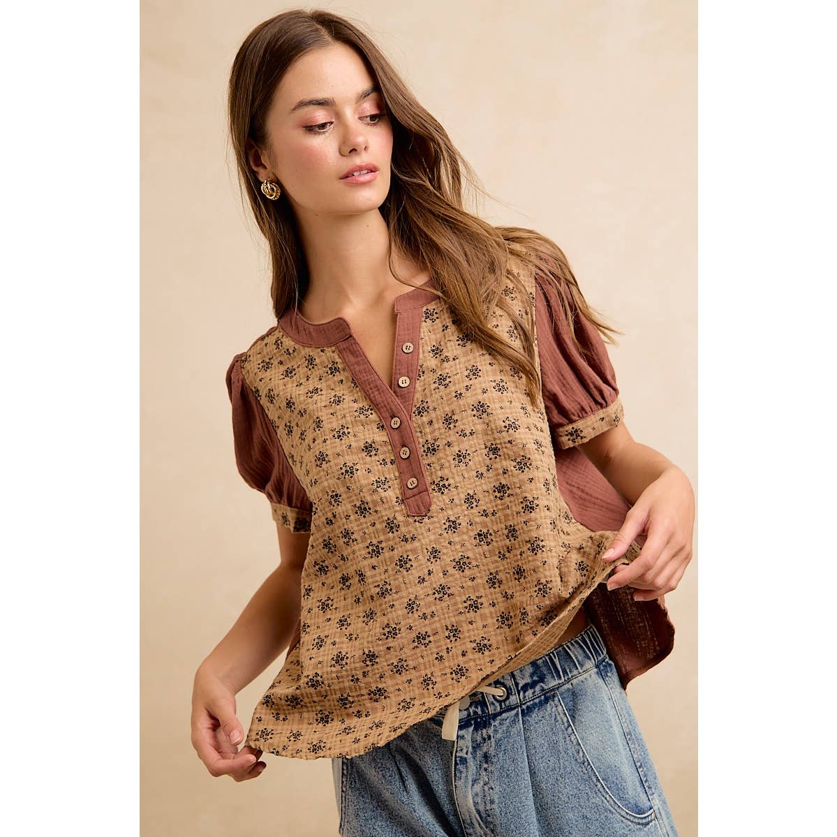 VINTAGE TEXTURE FLORAL PRINTED CONT GAUZE BLOUSE TOP