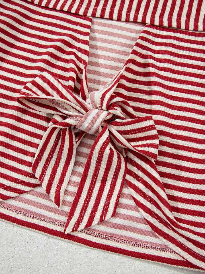 Green Striped Knit Back Bow Tie Open Back Top Women