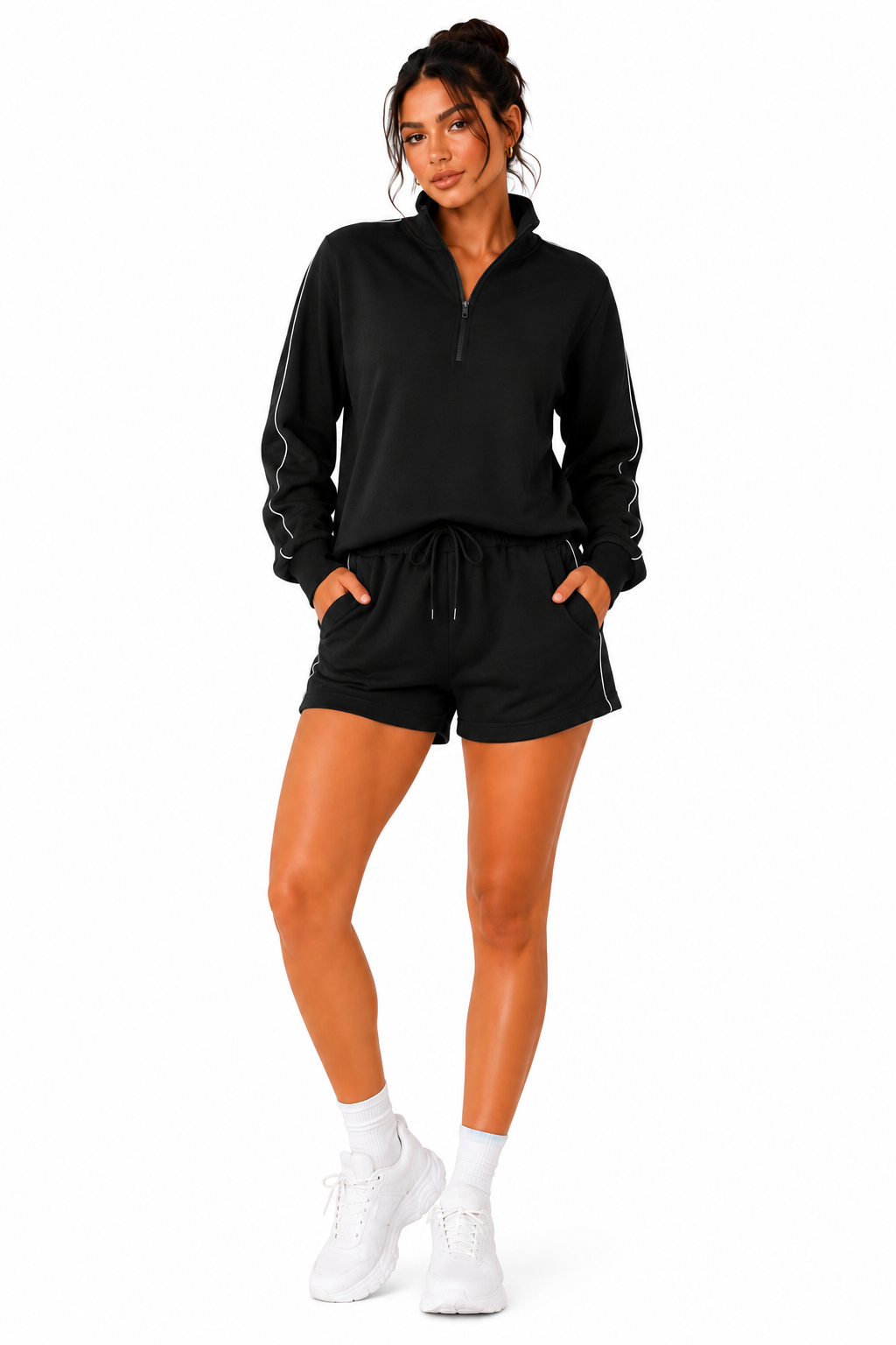 Quarter zipper sweat shirt with shorts loungewear set