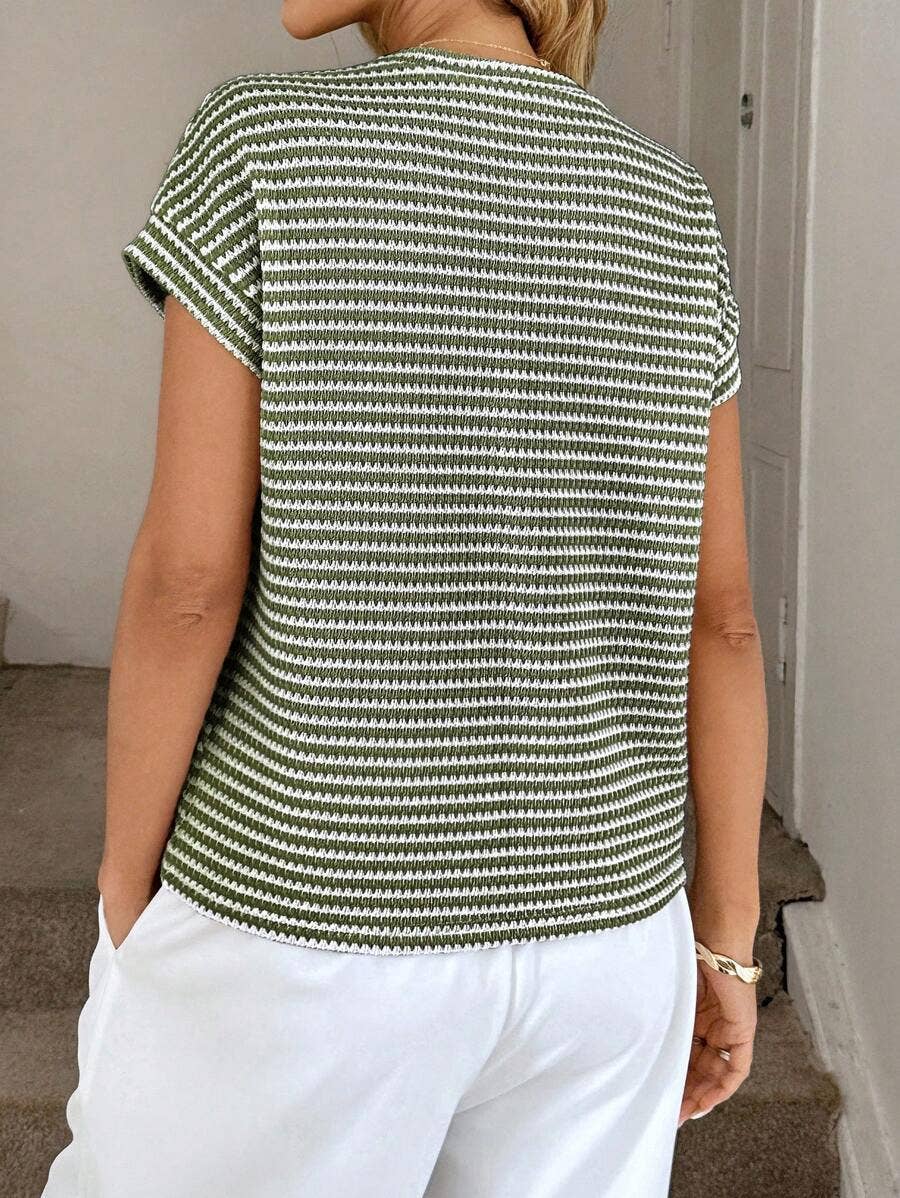 Apricot Stripe Knit Crew Neck Short Sleeve Top