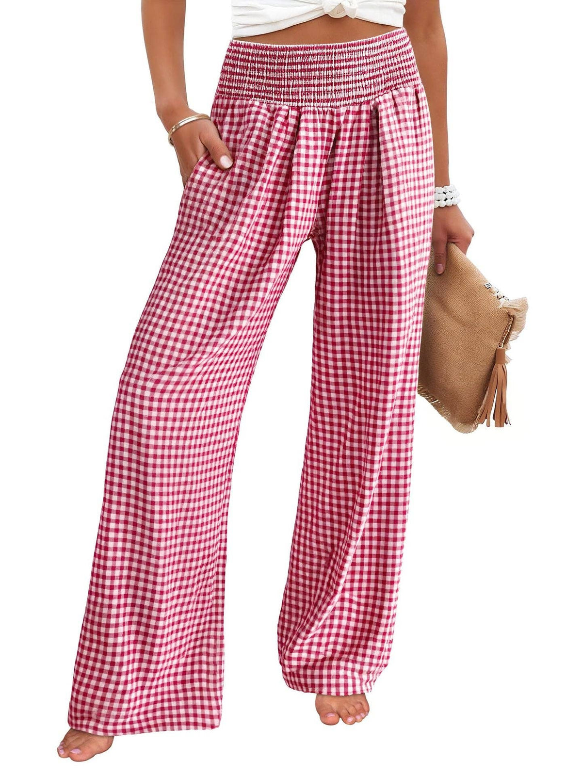 Gingham High Waist Wide Leg Pants with Pockets
