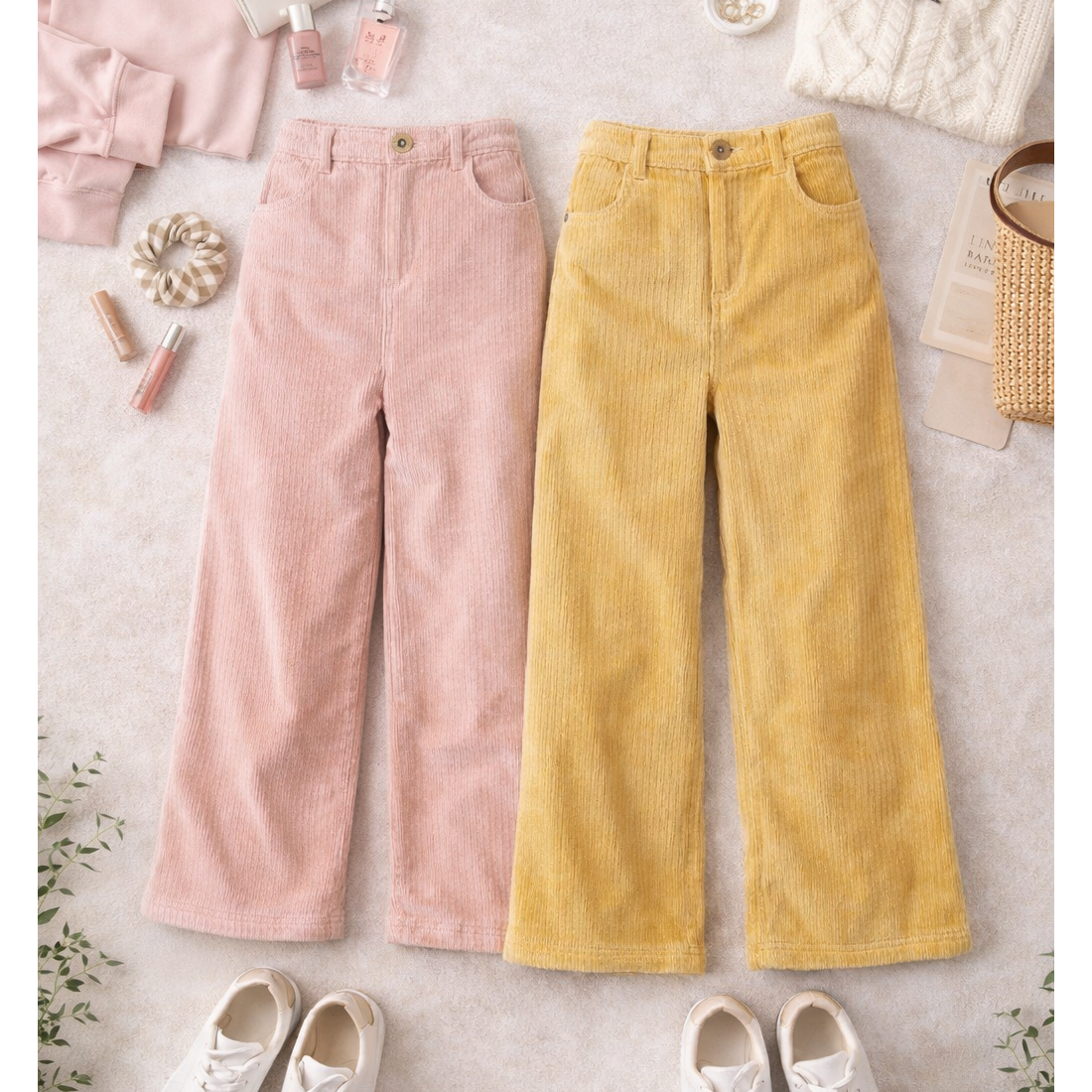 WIDE LEG ANKLE LENGTH CORDUROY PANTS