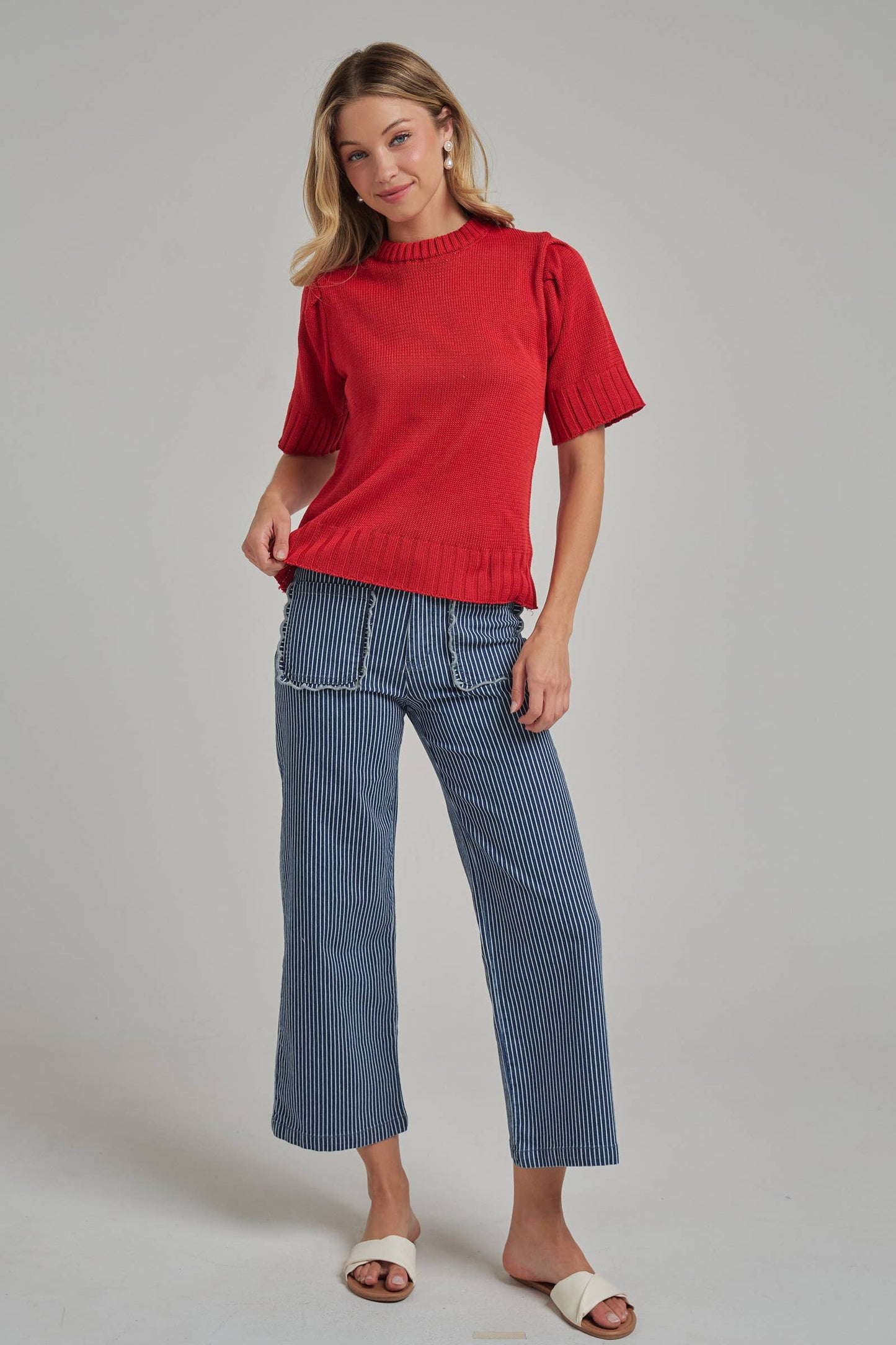 MID RISE WIDE LEG STRIPE DENIM JEANS WITH SCALLOPED POCKETS