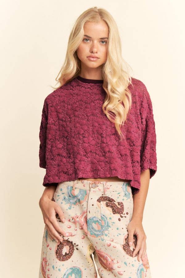 DT42536B-BOXY FLORAL LACE KNIT TOP