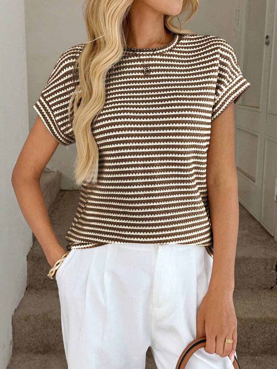Apricot Stripe Knit Crew Neck Short Sleeve Top