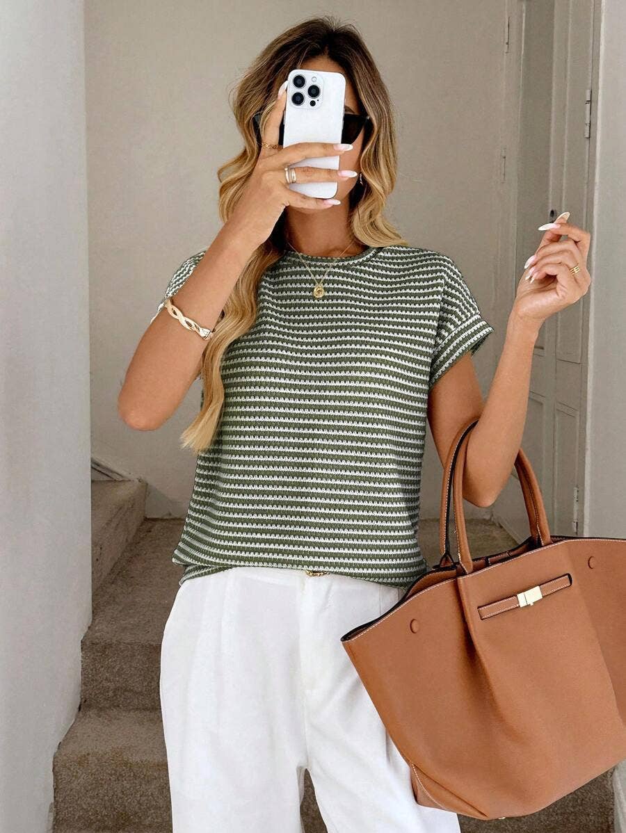 Apricot Stripe Knit Crew Neck Short Sleeve Top