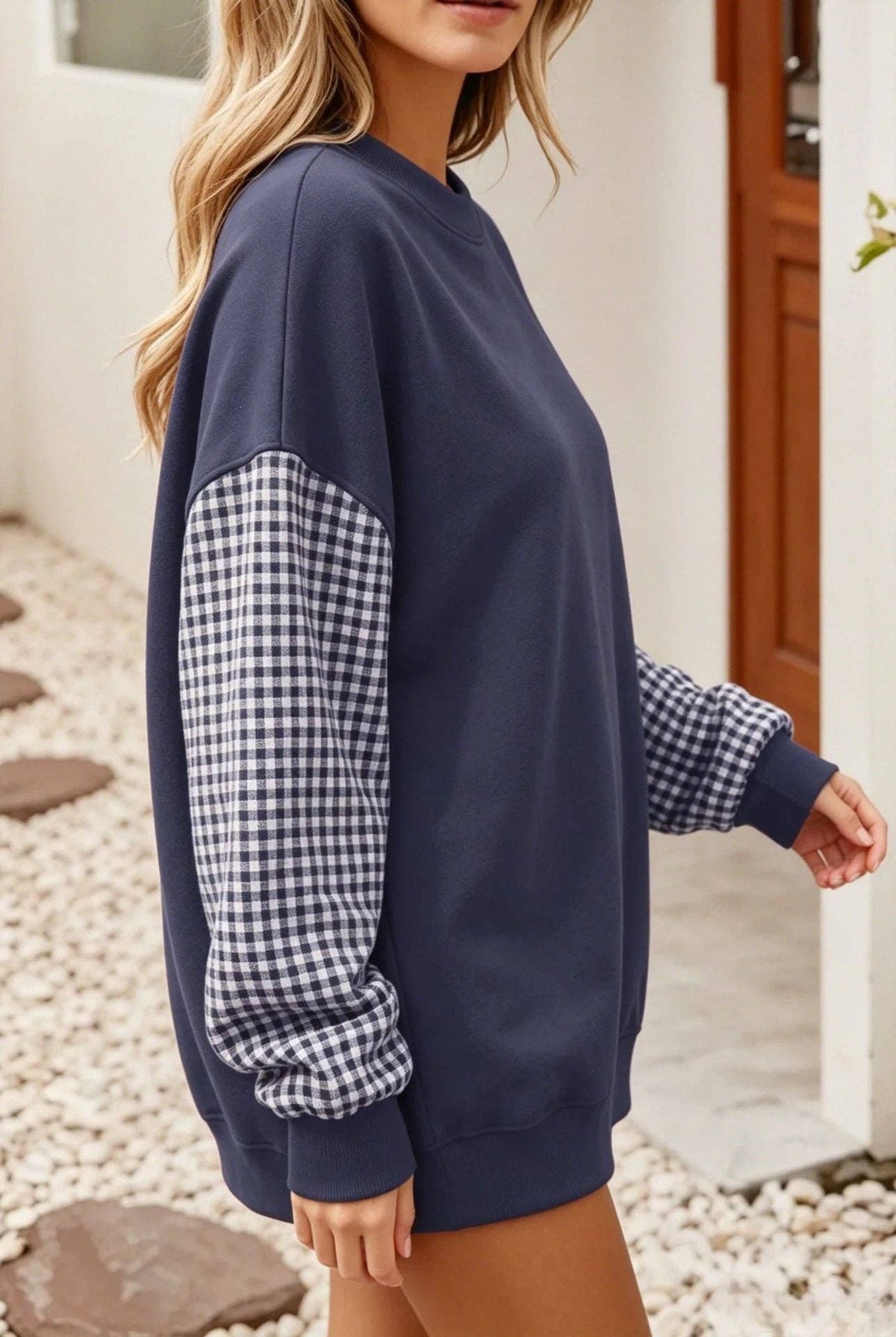 Gingham Sleeve Sweatshirt Oversized Crewneck Pullover