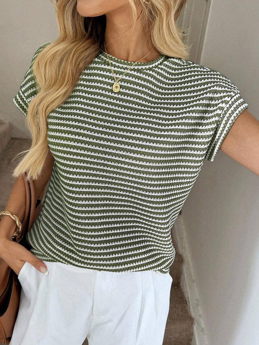 Apricot Stripe Knit Crew Neck Short Sleeve Top