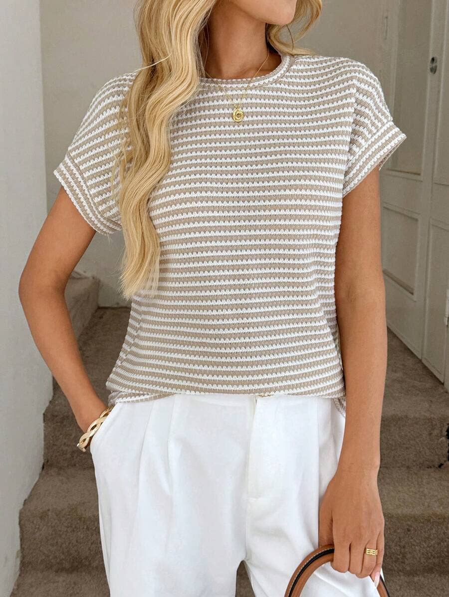 Apricot Stripe Knit Crew Neck Short Sleeve Top