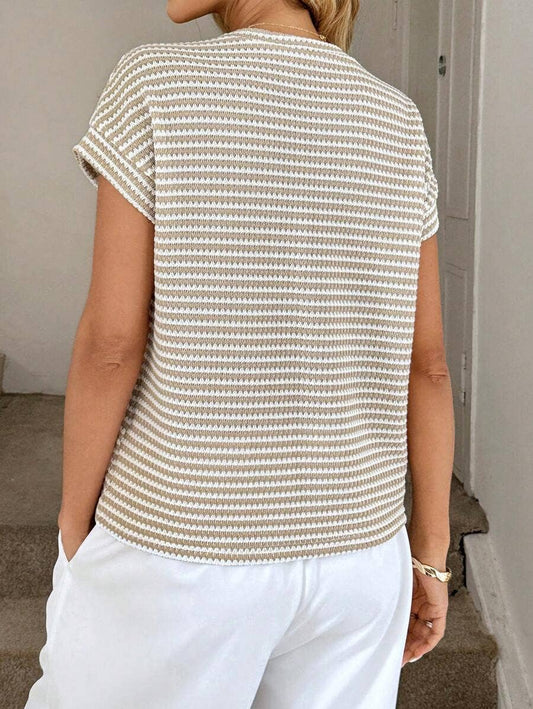 Apricot Stripe Knit Crew Neck Short Sleeve Top