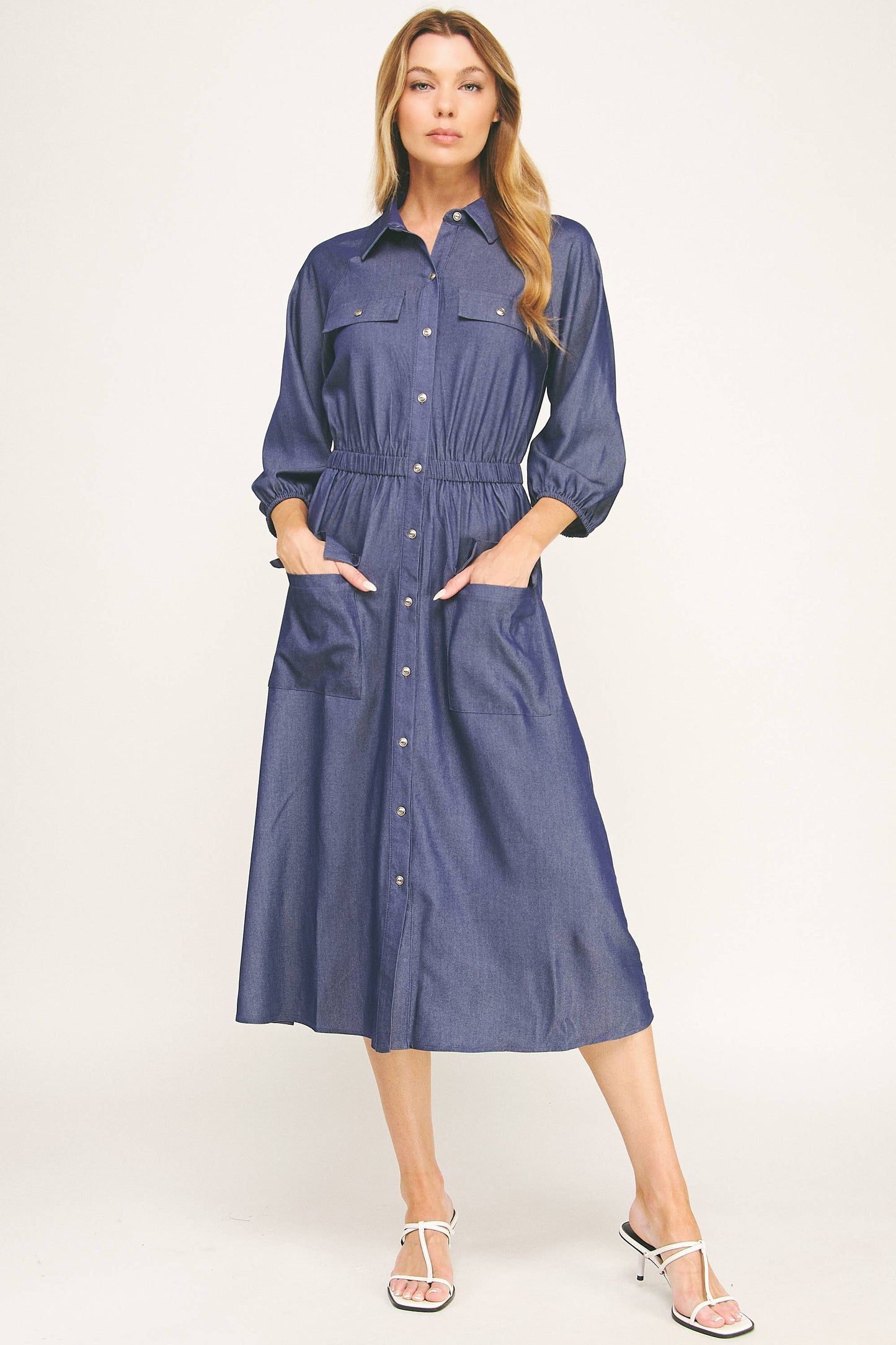 CHLOE CHAMBRAY BUTTON-DOWN MIDI DRESS
