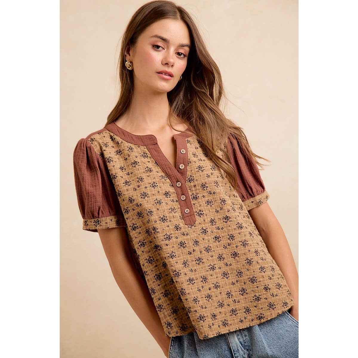 VINTAGE TEXTURE FLORAL PRINTED CONT GAUZE BLOUSE TOP