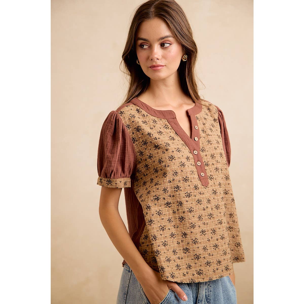 VINTAGE TEXTURE FLORAL PRINTED CONT GAUZE BLOUSE TOP